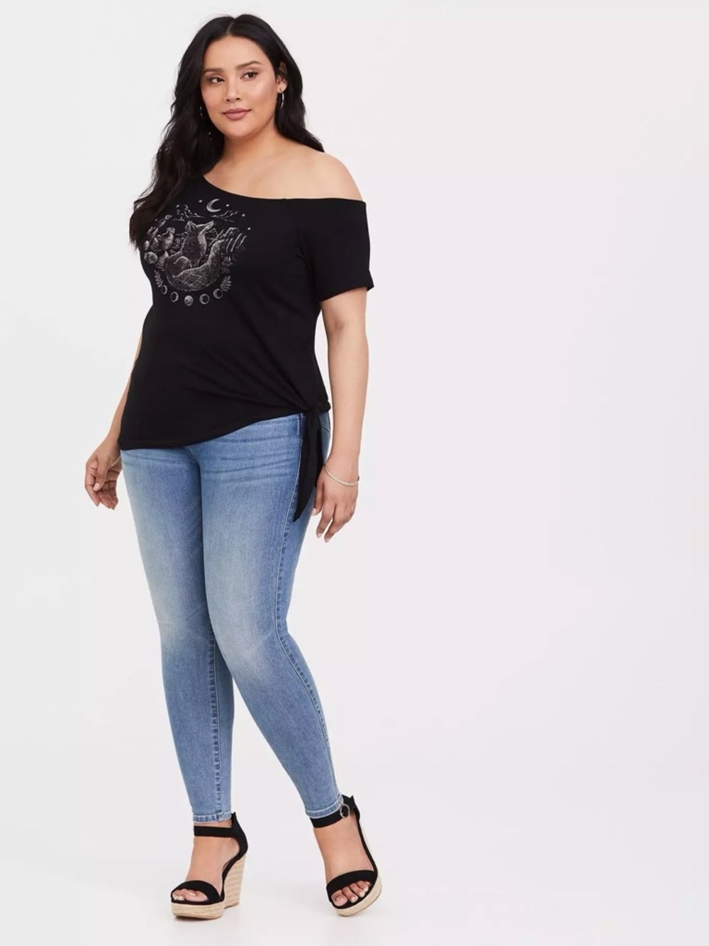 Torrid Super Soft Black Fox Moon Cactus Off Shoulder Side Tie Tee 00 - Picture 2 of 11